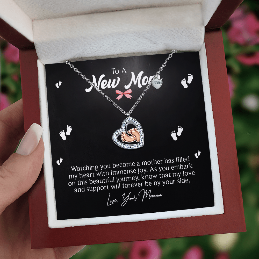 (To A New Mom) Baby Feet Heart Necklace