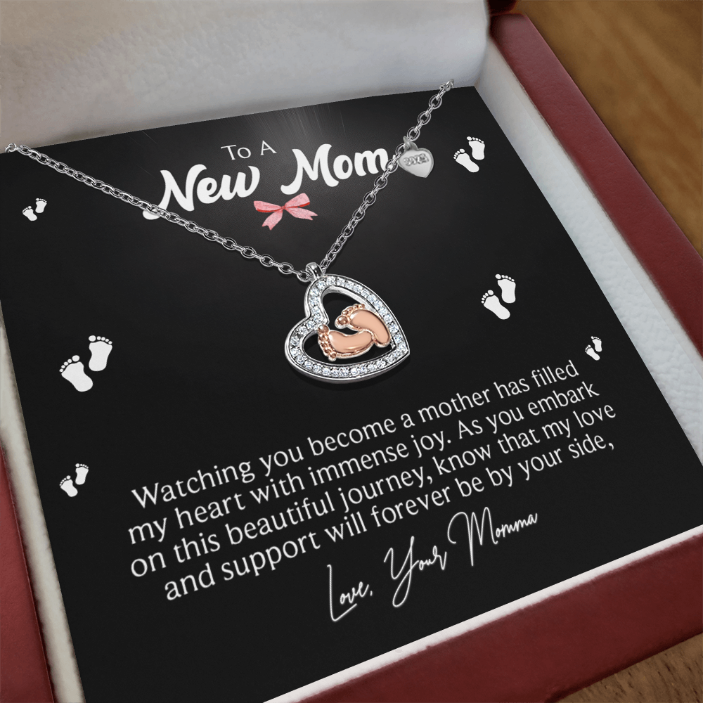 (To A New Mom) Baby Feet Heart Necklace