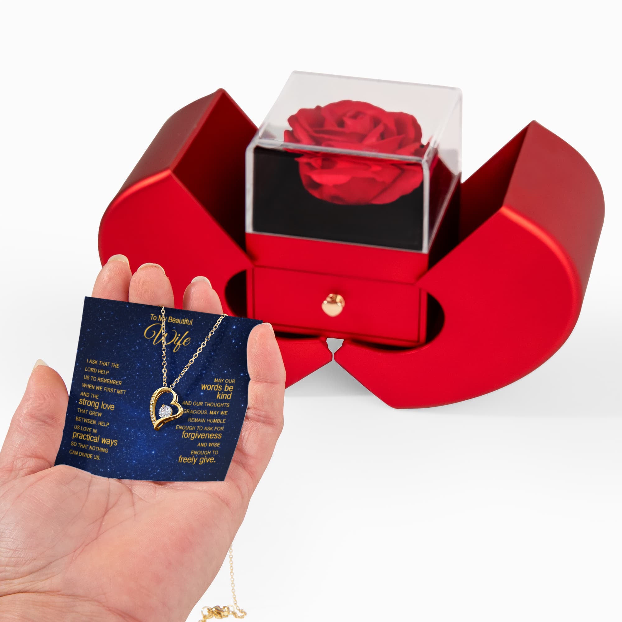 Forever Love Necklace with Red Heart Rose Box
